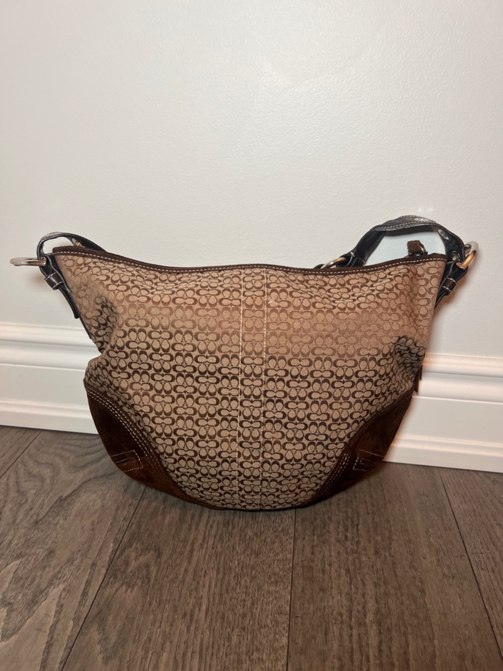 🧸 Vintage Coach Brown Signature Jacquard Shoulder Bag with Teddy Charm - Picture 4 of 12